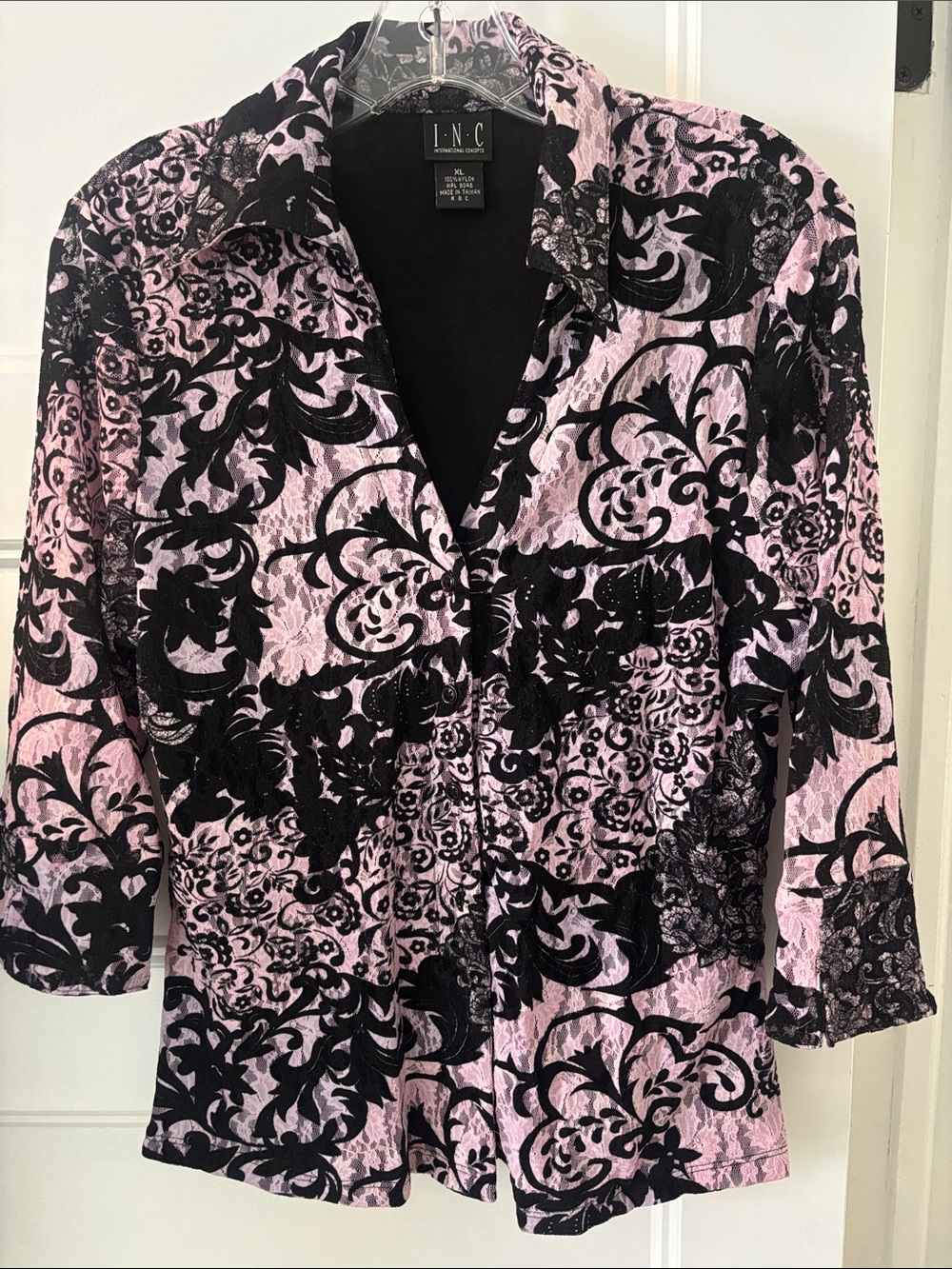 INC International Concepts Pink and Black Floral-Print Button Front Shirt